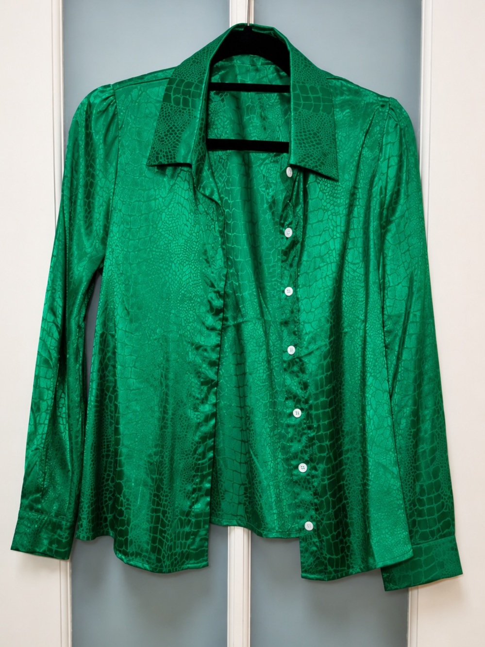 SHEIN Emerald Green Satin Jacquard Puff Sleeve Blouse - Size Medium - Picture 6 of 7